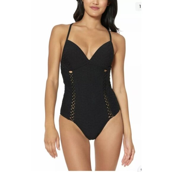 Jessica Simpson Rose Bay Textured One-Piece Swimsuit, Black, Size M - Picture 1 of 9